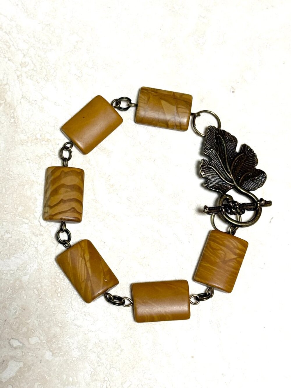 2/$20,Earthy Petrified Wood Jasper Bracelet, Gemstone & Bronze Grape Leaf Toggle